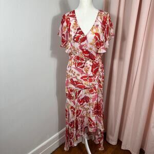 Parker Womens 8 Pink Red Floral Silk Dress Flutter Sleeve Ruffle Maxi Cocktail